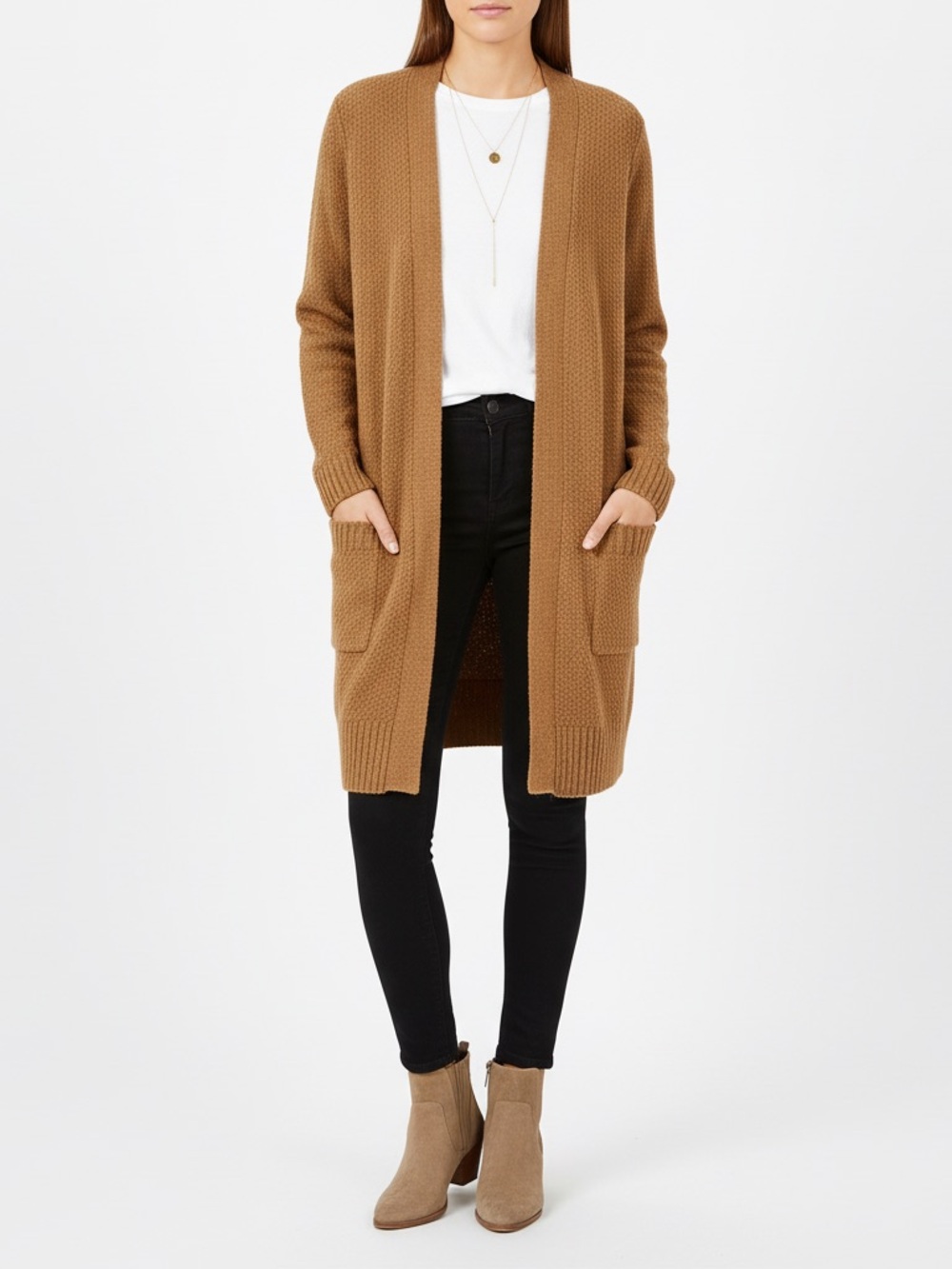 Pink Clover Long Open-Front Pocket Cardigan in Camel Brown